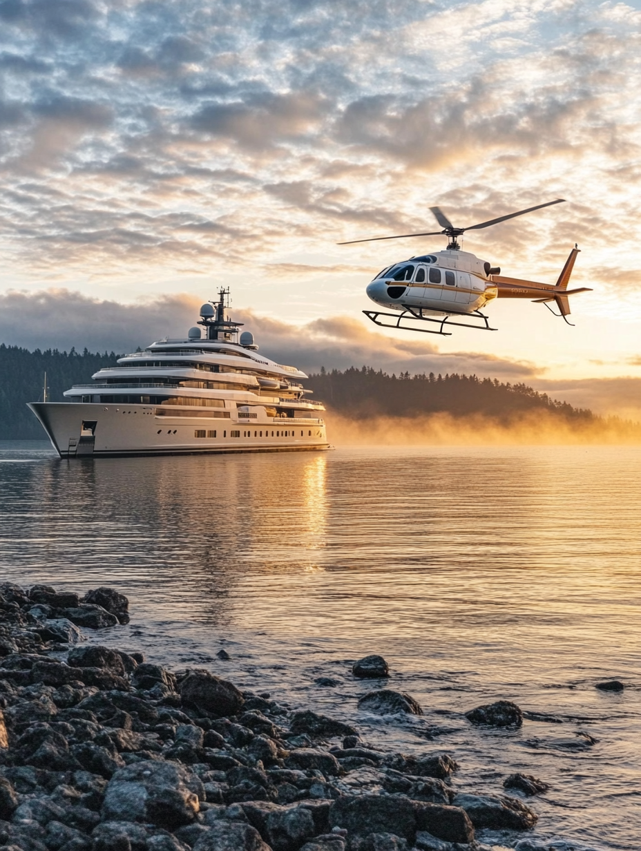 Mega luxury yacht anchored off shore
