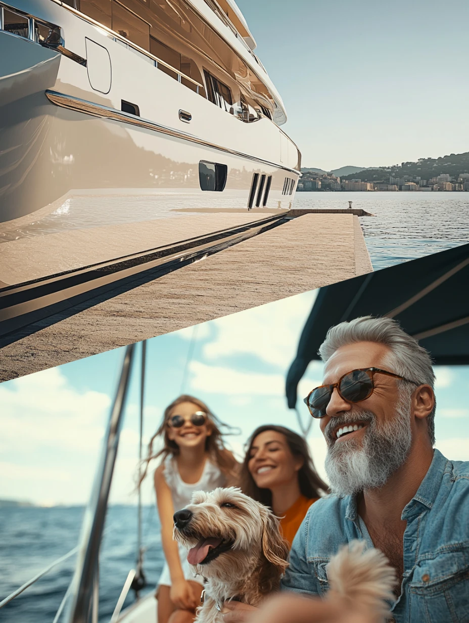 Derelict yacht above a picture of a happy family at sea